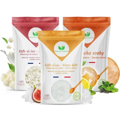Kit complet : grains de kéfir d'eau, grains de kéfir de lait et SCOBY de kombucha