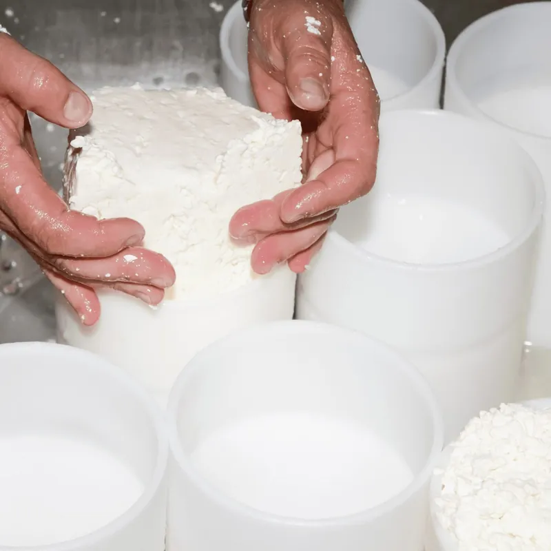 Formaggio fresco messo in forma a mano